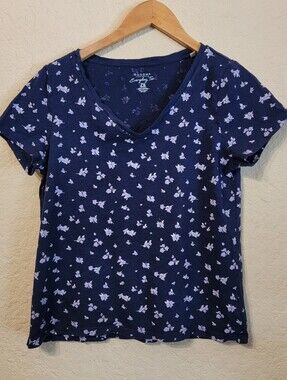 Sonoma Goods For Life Navy Floral Everyday V-Neck Short Sleeve Tee Sz PM